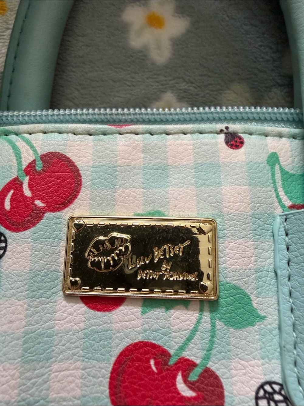 Betsey Johnson Mint Gingham Cherry Crossbody with Gold Plaque